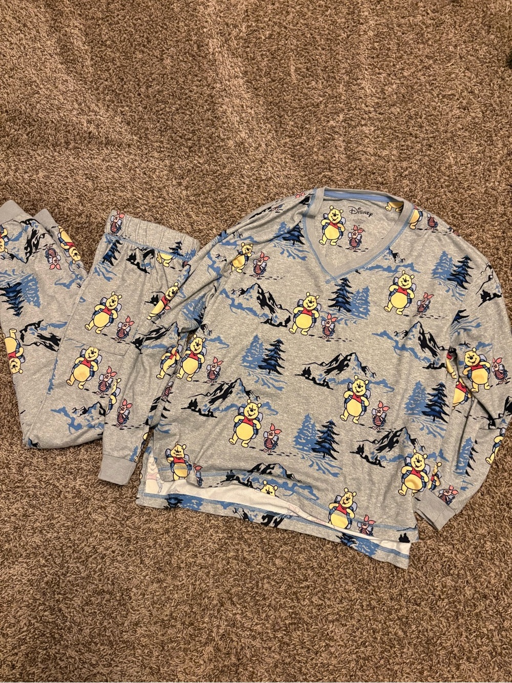 Disney Yellow Winnie the Pooh Gray Kids Pajama Set with Blue Accents